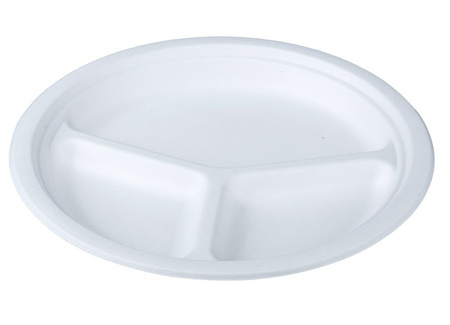 Runder, dreiteiliger Teller aus Zuckerrohr, Durchmesser 26 cm, 50 Stück