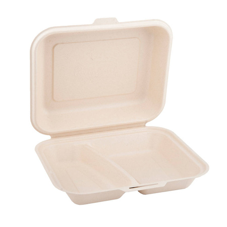 Zweiteilige, doppelwandige Menübox aus Zuckerrohr, 1500 ml, 24,1 x 21 x 4 cm, 50 Stück