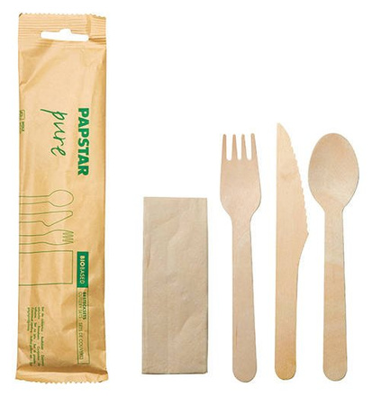 Holzbesteckset – Gabel, Messer, Löffel + Serviette, 30 Stück