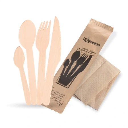Holzbesteckset – Gabel, Messer, Löffel, Teelöffel + Serviette, 50 Stück