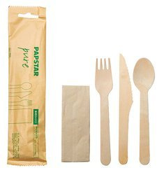 Holzbesteckset – Gabel, Messer, Löffel + Serviette, 30 Stück