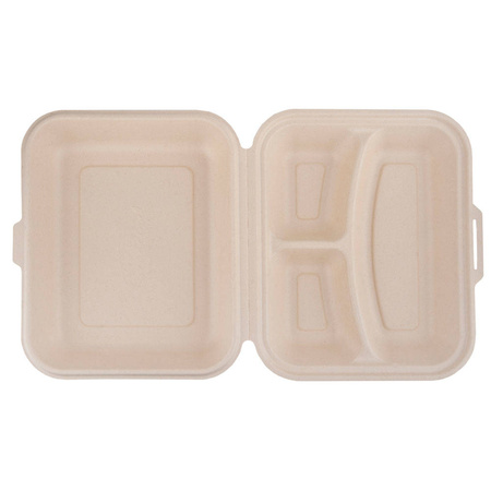 Dreiteilige, doppelwandige Menübox aus Zuckerrohr, 1500 ml, 24,1 x 21 x 4 cm, 50 Stück