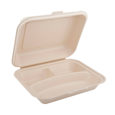 Dreiteilige, doppelwandige Menübox aus Zuckerrohr, 1500 ml, 24,1 x 21 x 4 cm, 50 Stück