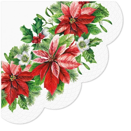 Runde 3-lagige Servietten „Poinsettia“, 1/4, Durchmesser 32 cm, 12 Stück