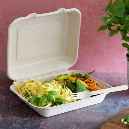 Menübox aus Zuckerrohr, ungeteilt, naturfarben, 24 x 20,7 x 6,9 cm, 50 Stück
