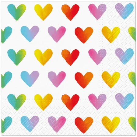 3-lagige Servietten „Rainbow Hearts“, 1/4, 33 x 33 cm, 20 Stück
