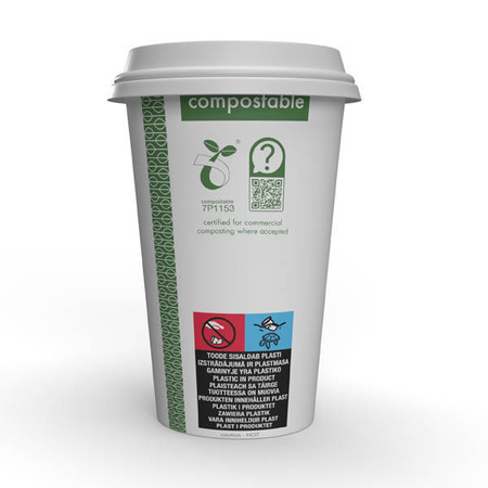 Weißer Vegware-Pappbecher, 450 ml, Durchmesser 90 mm, 50 Stück