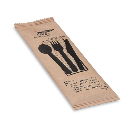 Holzbesteckset – Gabel, Messer, Löffel + Serviette, 50 Stück