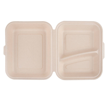 Zweiteilige, doppelwandige Menübox aus Zuckerrohr, 1500 ml, 24,1 x 21 x 4 cm, 50 Stück