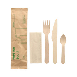 Holzbesteckset – Gabel, Messer, Löffel + Serviette, 50 Stück