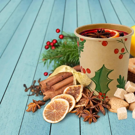 Kraftpapierbecher, Dispersionsbeschichtung, „Christmas“, 350 ml, Durchmesser 90 mm, 50 Stück