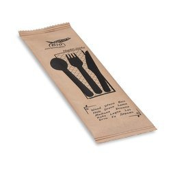 Holzbesteckset – Gabel, Messer, Löffel + Serviette, 50 Stück